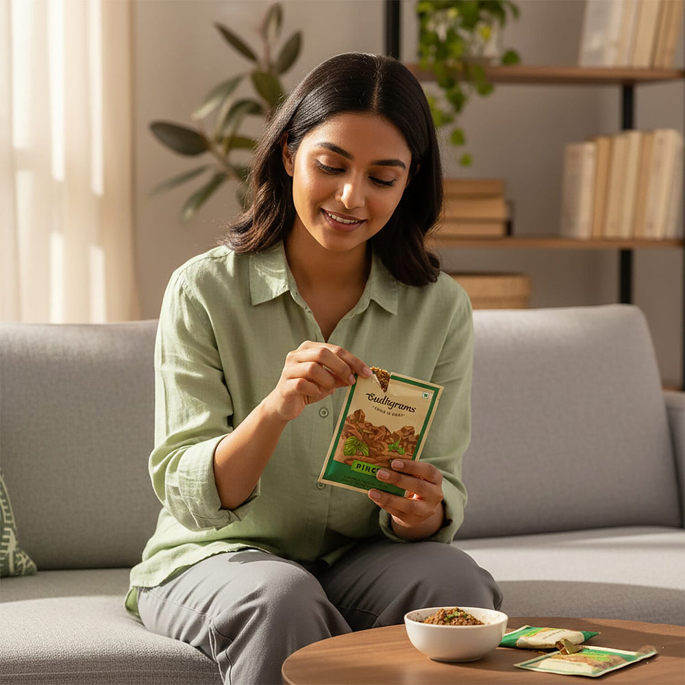 Gudhgrams PINCH BETEL LEAF - MINT A classic combination of the sharp earthiness of betel leaves and the fresh hint of mint, this flavor is indeed a no-brainer. Licorice brings the Ayurvedic upside to