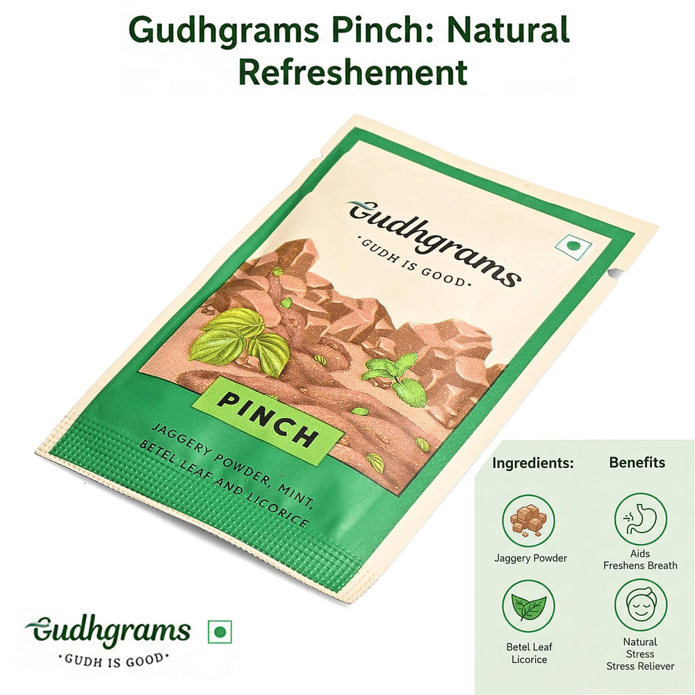 Gudhgrams PINCH BETEL LEAF - MINT A classic combination of the sharp earthiness of betel leaves and the fresh hint of mint, this flavor is indeed a no-brainer. Licorice brings the Ayurvedic upside to
