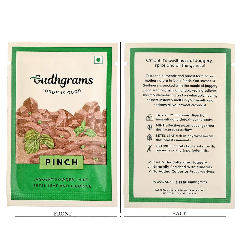 Gudhgrams PINCH BETEL LEAF - MINT A classic combination of the sharp earthiness of betel leaves and the fresh hint of mint, this flavor is indeed a no-brainer. Licorice brings the Ayurvedic upside to