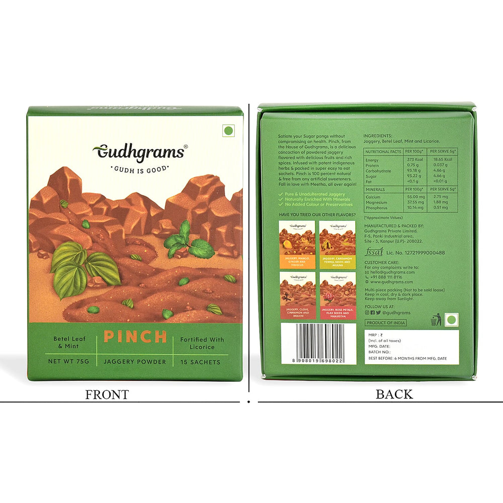 Gudhgrams PINCH BETEL LEAF - MINT A classic combination of the sharp earthiness of betel leaves and the fresh hint of mint, this flavor is indeed a no-brainer. Licorice brings the Ayurvedic upside to