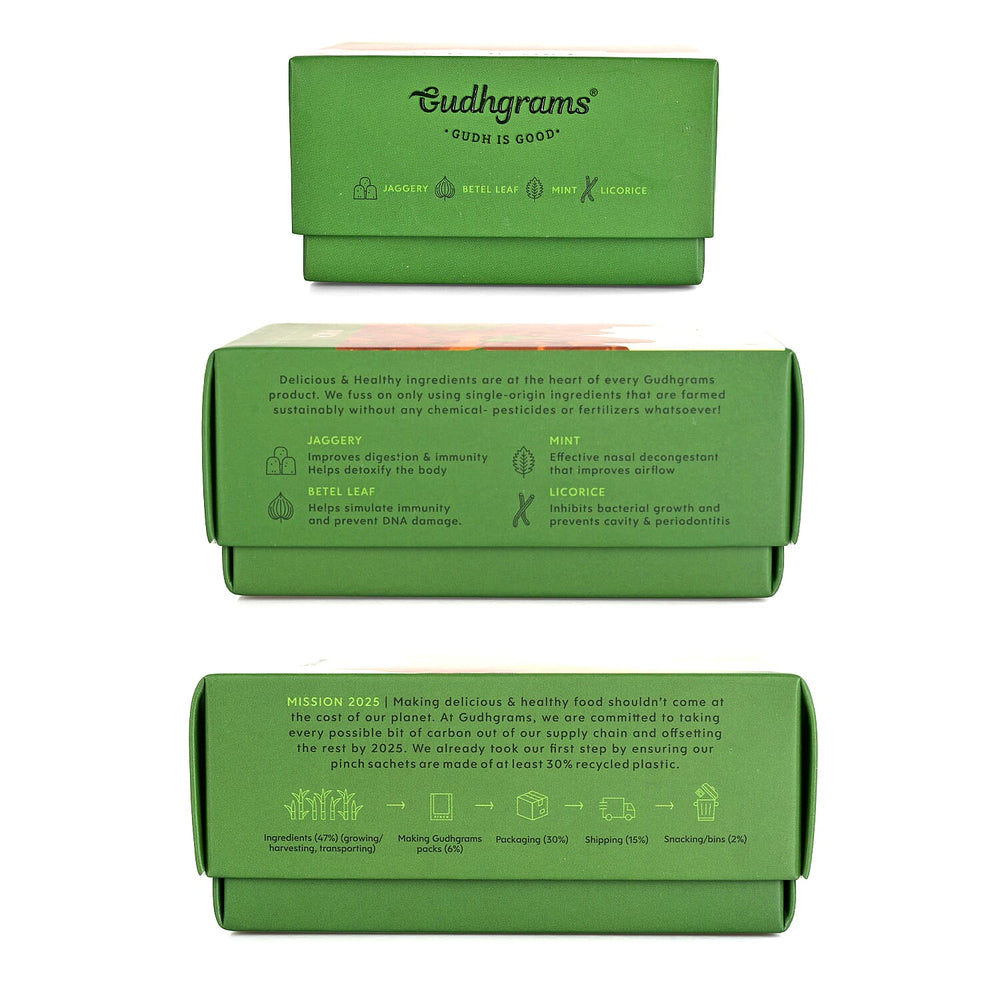 Gudhgrams PINCH BETEL LEAF - MINT A classic combination of the sharp earthiness of betel leaves and the fresh hint of mint, this flavor is indeed a no-brainer. Licorice brings the Ayurvedic upside to