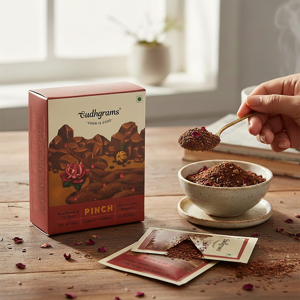 Gudhgrams  PINCH  PINCH-- ROSE - FLAX SEEDS  With the luxury of fragrant Indian rose that fillsthe air with its signature scent.  Enriched with nutrient-rich flax seeds, this is a unique, unmissable c