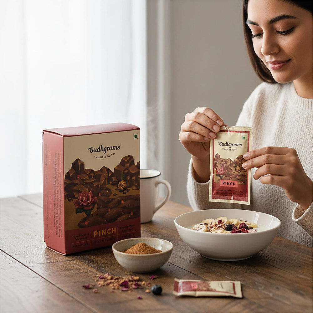 Gudhgrams  PINCH  PINCH-- ROSE - FLAX SEEDS  With the luxury of fragrant Indian rose that fillsthe air with its signature scent.  Enriched with nutrient-rich flax seeds, this is a unique, unmissable c
