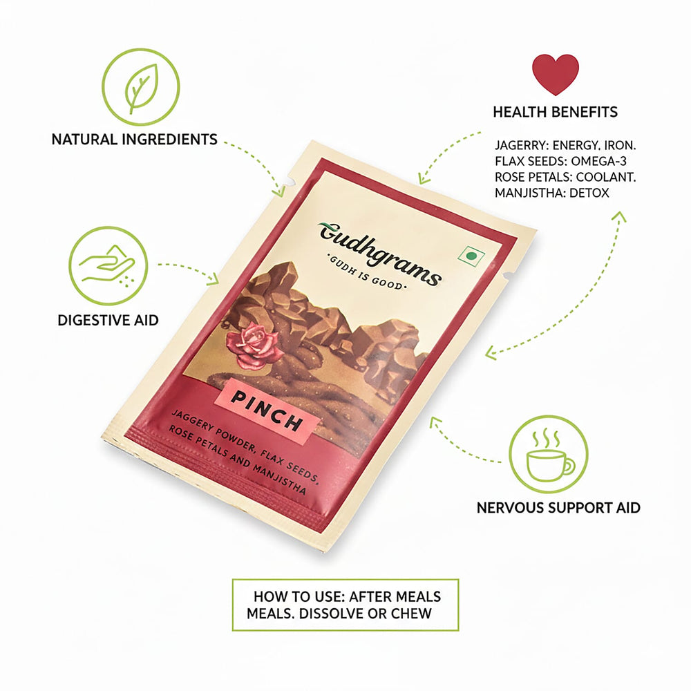 Gudhgrams  PINCH  PINCH-- ROSE - FLAX SEEDS  With the luxury of fragrant Indian rose that fillsthe air with its signature scent.  Enriched with nutrient-rich flax seeds, this is a unique, unmissable c