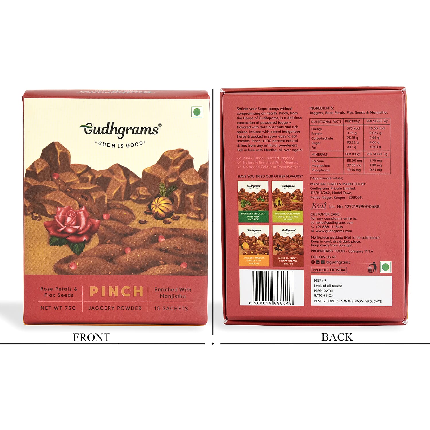 Gudhgrams  PINCH  PINCH-- ROSE - FLAX SEEDS  With the luxury of fragrant Indian rose that fillsthe air with its signature scent.  Enriched with nutrient-rich flax seeds, this is a unique, unmissable c