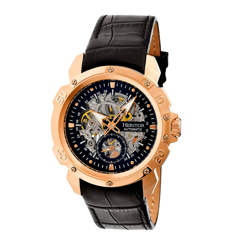 HERITOR Automatic Conrad Sapphire-Coated Mineral Crystal Skeleton Rose Gold Dial 5 ATM Water Resistance with Black Genuine Leather Crocodile-Embossed Strap