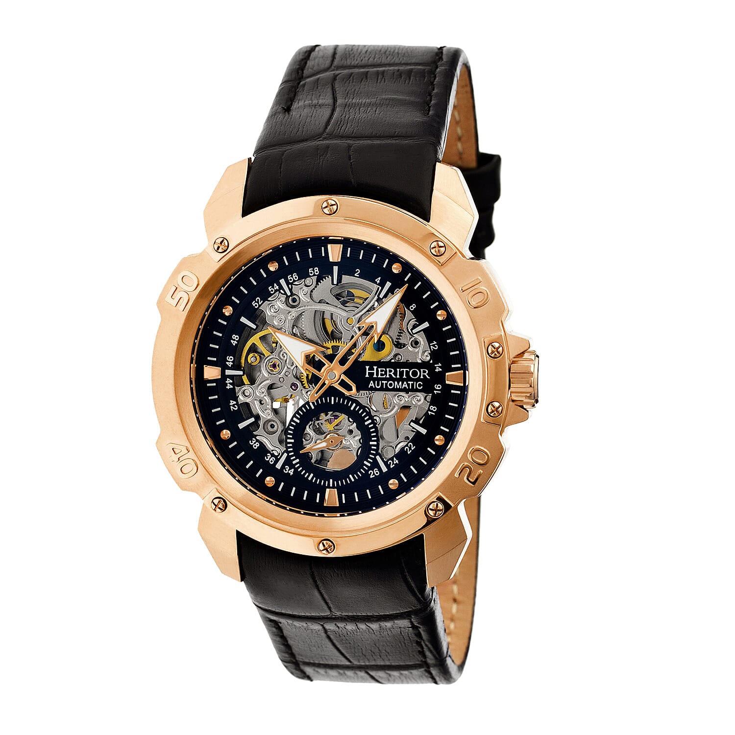 HERITOR Automatic Conrad Sapphire-Coated Mineral Crystal Skeleton Rose Gold Dial 5 ATM Water Resistance with Black Genuine Leather Crocodile-Embossed Strap