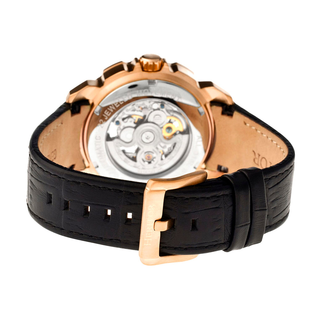HERITOR Automatic Conrad Sapphire-Coated Mineral Crystal Skeleton Rose Gold Dial 5 ATM Water Resistance with Black Genuine Leather Crocodile-Embossed Strap