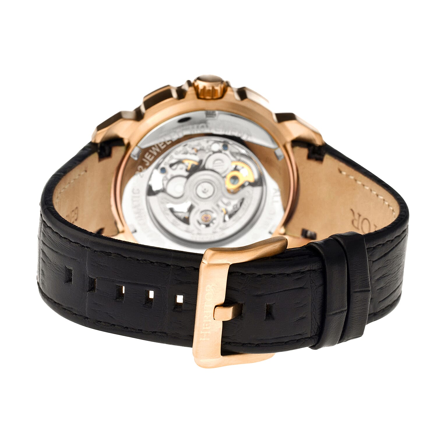 HERITOR Automatic Conrad Sapphire-Coated Mineral Crystal Skeleton Rose Gold Dial 5 ATM Water Resistance with Black Genuine Leather Crocodile-Embossed Strap