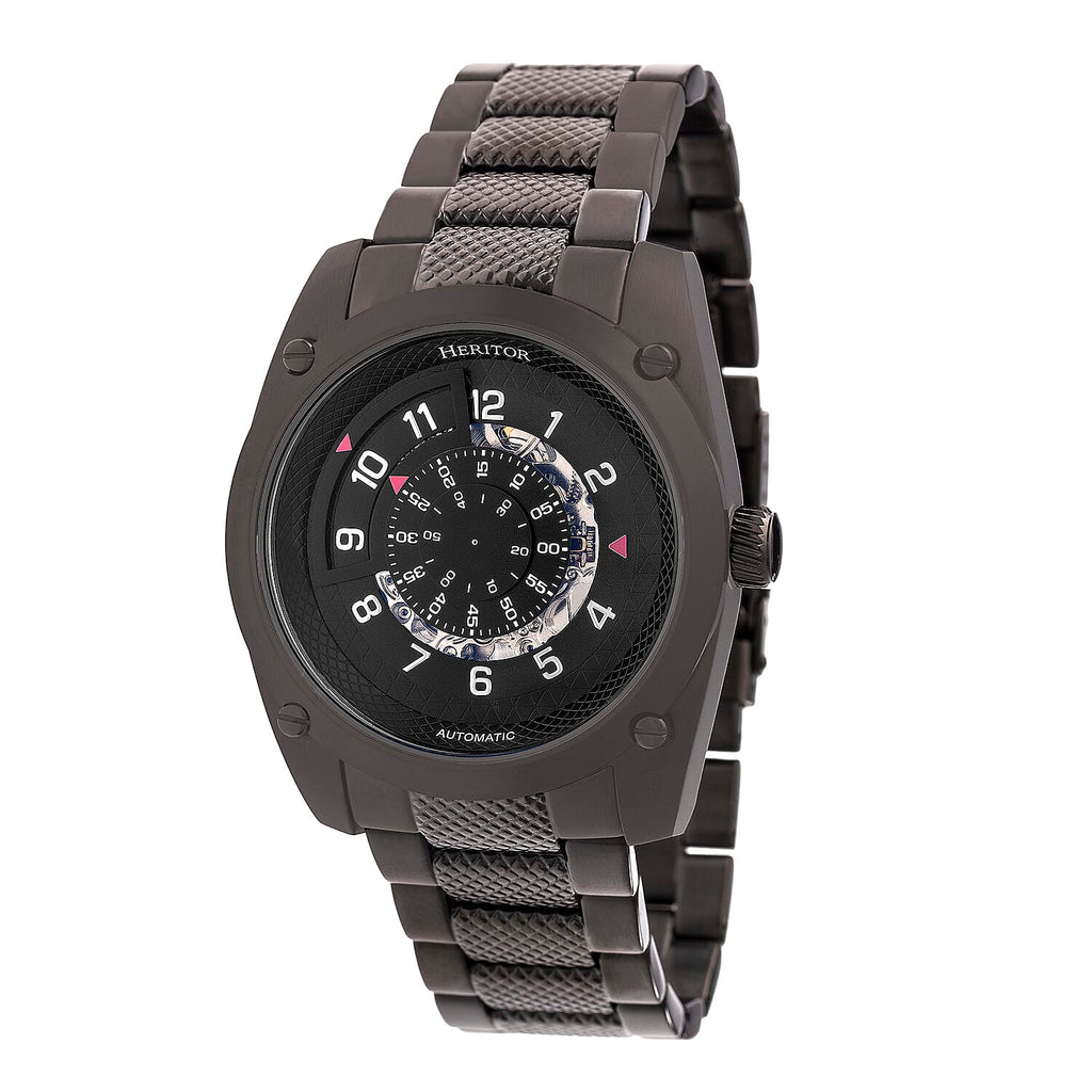 HERITOR Automatic Daniels Sapphire-Coated Mineral Crystal Semi-Skeleton Black Dial 10 ATM Water Resistance with Black Logo-Engraved Stainless Steel Crown & Fold Overl Push Button Bracelet