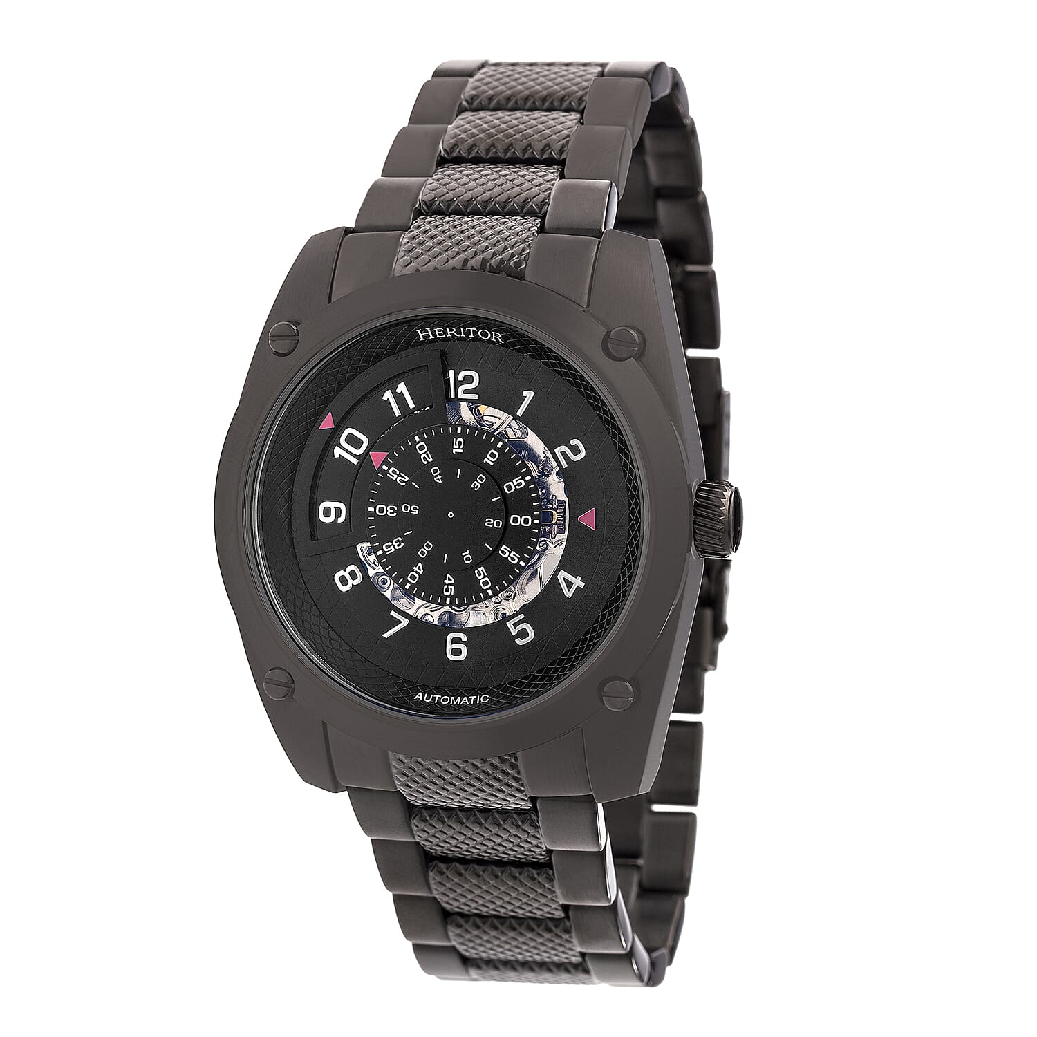 HERITOR Automatic Daniels Sapphire-Coated Mineral Crystal Semi-Skeleton Black Dial 10 ATM Water Resistance with Black Logo-Engraved Stainless Steel Crown & Fold Overl Push Button Bracelet
