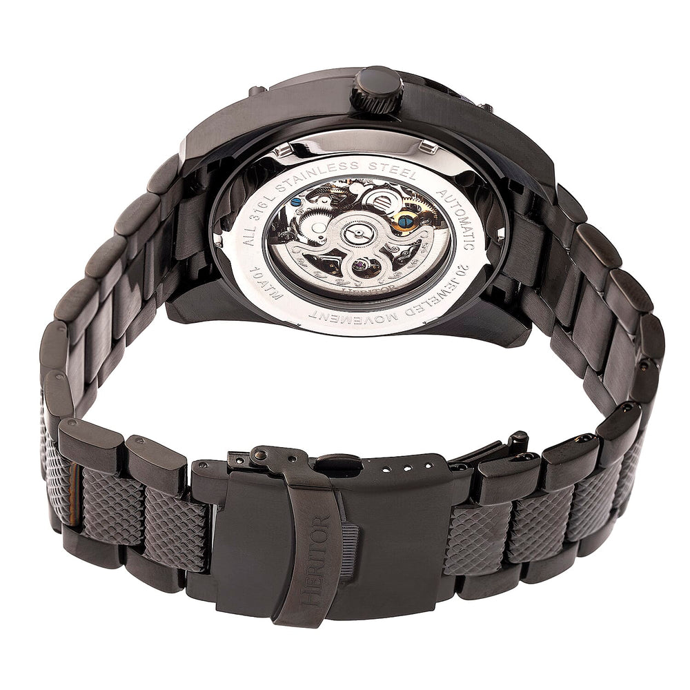 HERITOR Automatic Daniels Sapphire-Coated Mineral Crystal Semi-Skeleton Black Dial 10 ATM Water Resistance with Black Logo-Engraved Stainless Steel Crown & Fold Overl Push Button Bracelet