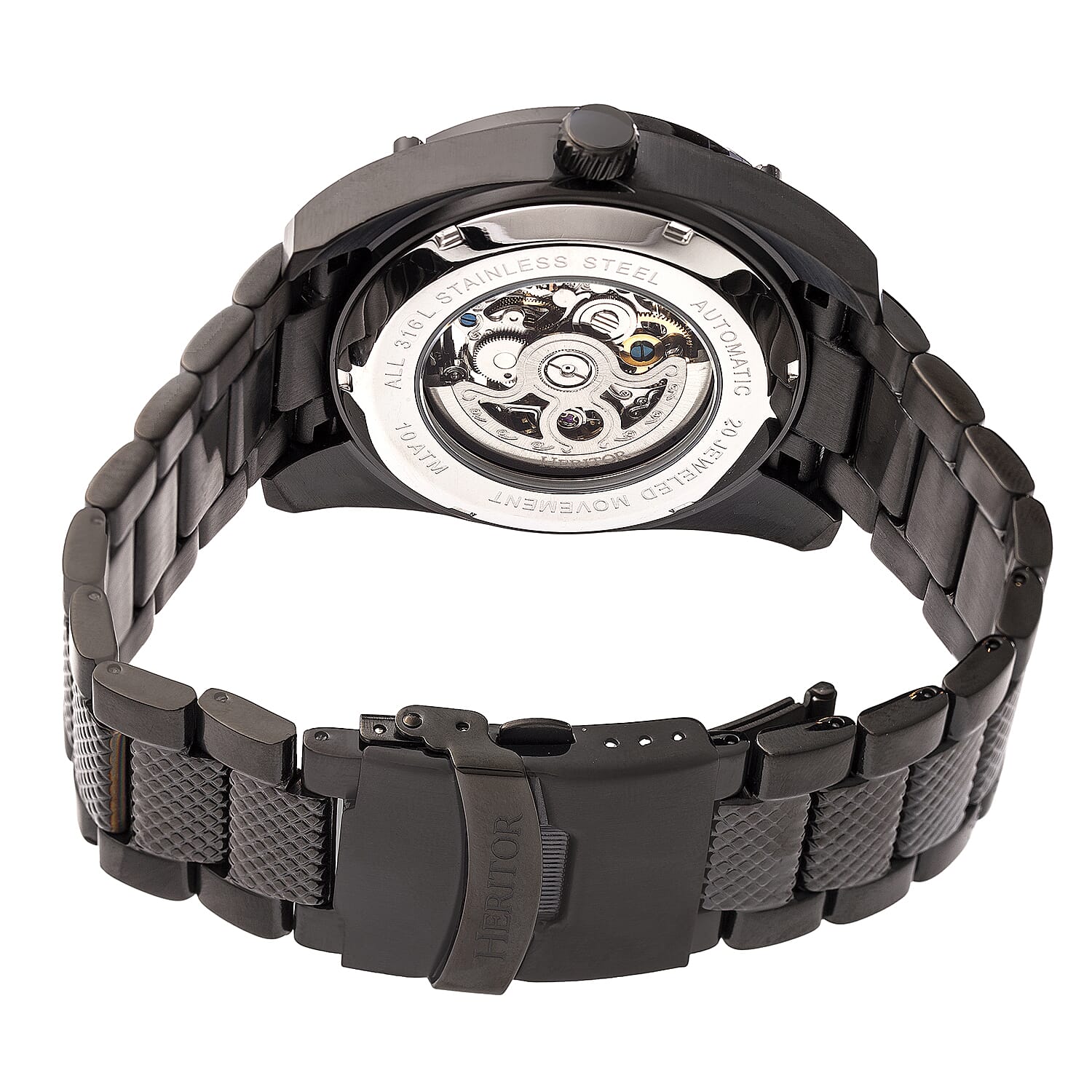 HERITOR Automatic Daniels Sapphire-Coated Mineral Crystal Semi-Skeleton Black Dial 10 ATM Water Resistance with Black Logo-Engraved Stainless Steel Crown & Fold Overl Push Button Bracelet