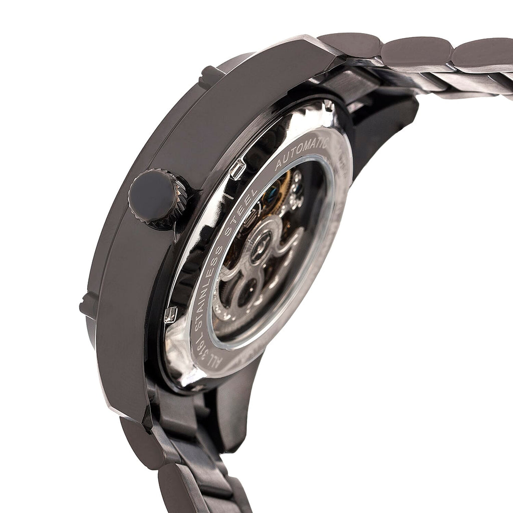 HERITOR Automatic Daniels Sapphire-Coated Mineral Crystal Semi-Skeleton Black Dial 10 ATM Water Resistance with Black Logo-Engraved Stainless Steel Crown & Fold Overl Push Button Bracelet