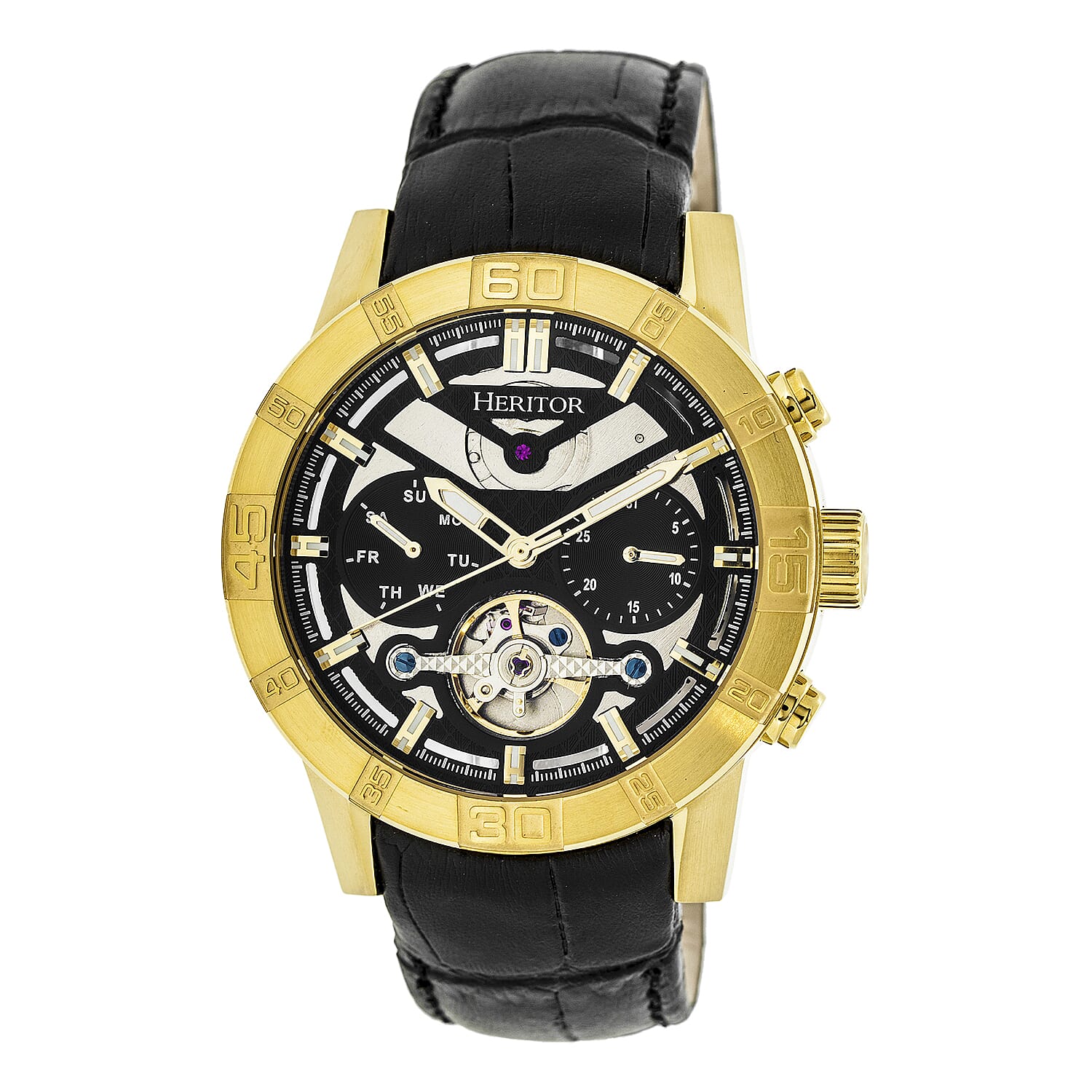 HERITOR Automatic Hannibal Sapphire-Coated Mineral Crystal  Semi-Skeleton Dial Gold Bezel 5 ATM Water Resistance with Black Genuine Leather Crocodile-Embossed Strap