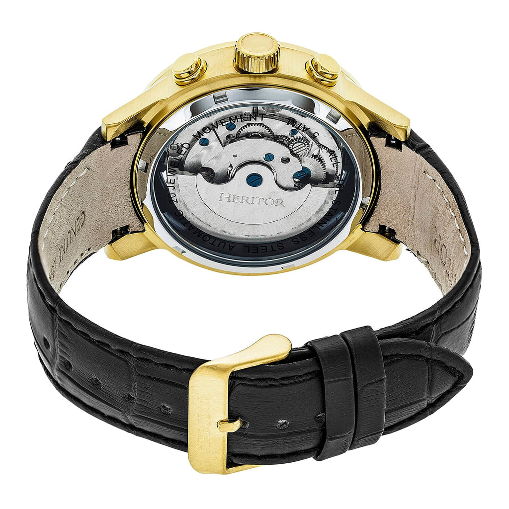 HERITOR Automatic Hannibal Sapphire-Coated Mineral Crystal  Semi-Skeleton Dial Gold Bezel 5 ATM Water Resistance with Black Genuine Leather Crocodile-Embossed Strap