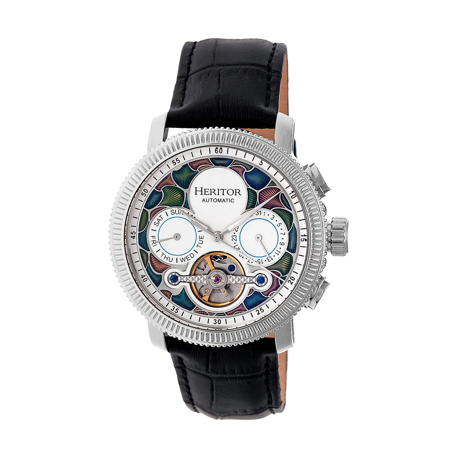 HERITOR Automatic Movt. 5ATM Water Resistance White Dial Mens Watch with Black Colour Leather Strap
