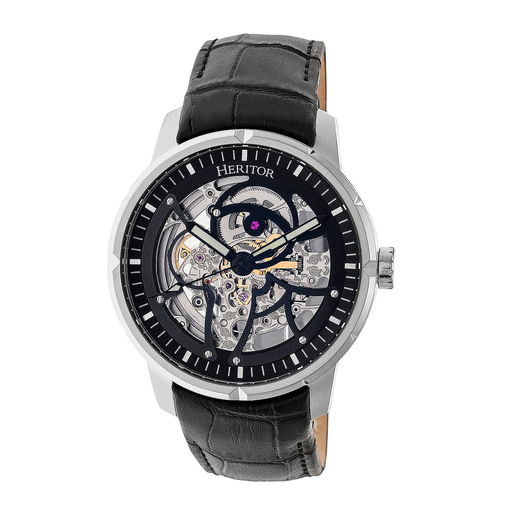 HERITOR Automatic Ryder Sapphire-Coated Mineral Crystal  Semi-Skeleton Dial Silver Bezel 5 ATM Water Resistance with Black Genuine Leather Crocodile-Embossed Strap