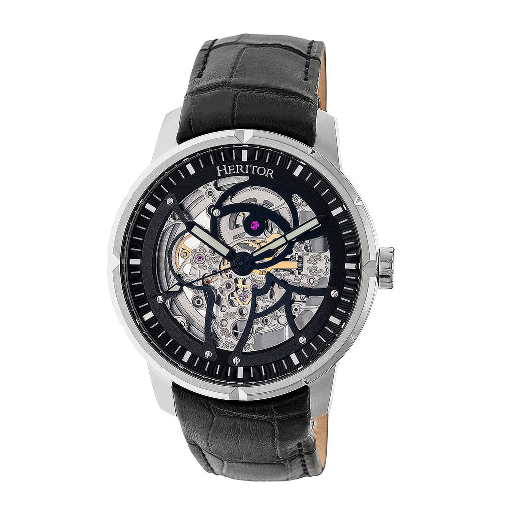 HERITOR Automatic Ryder Sapphire-Coated Mineral Crystal  Semi-Skeleton Dial Silver Bezel 5 ATM Water Resistance with Black Genuine Leather Crocodile-Embossed Strap