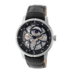 HERITOR Automatic Ryder Sapphire-Coated Mineral Crystal  Semi-Skeleton Dial Silver Bezel 5 ATM Water Resistance with Black Genuine Leather Crocodile-Embossed Strap