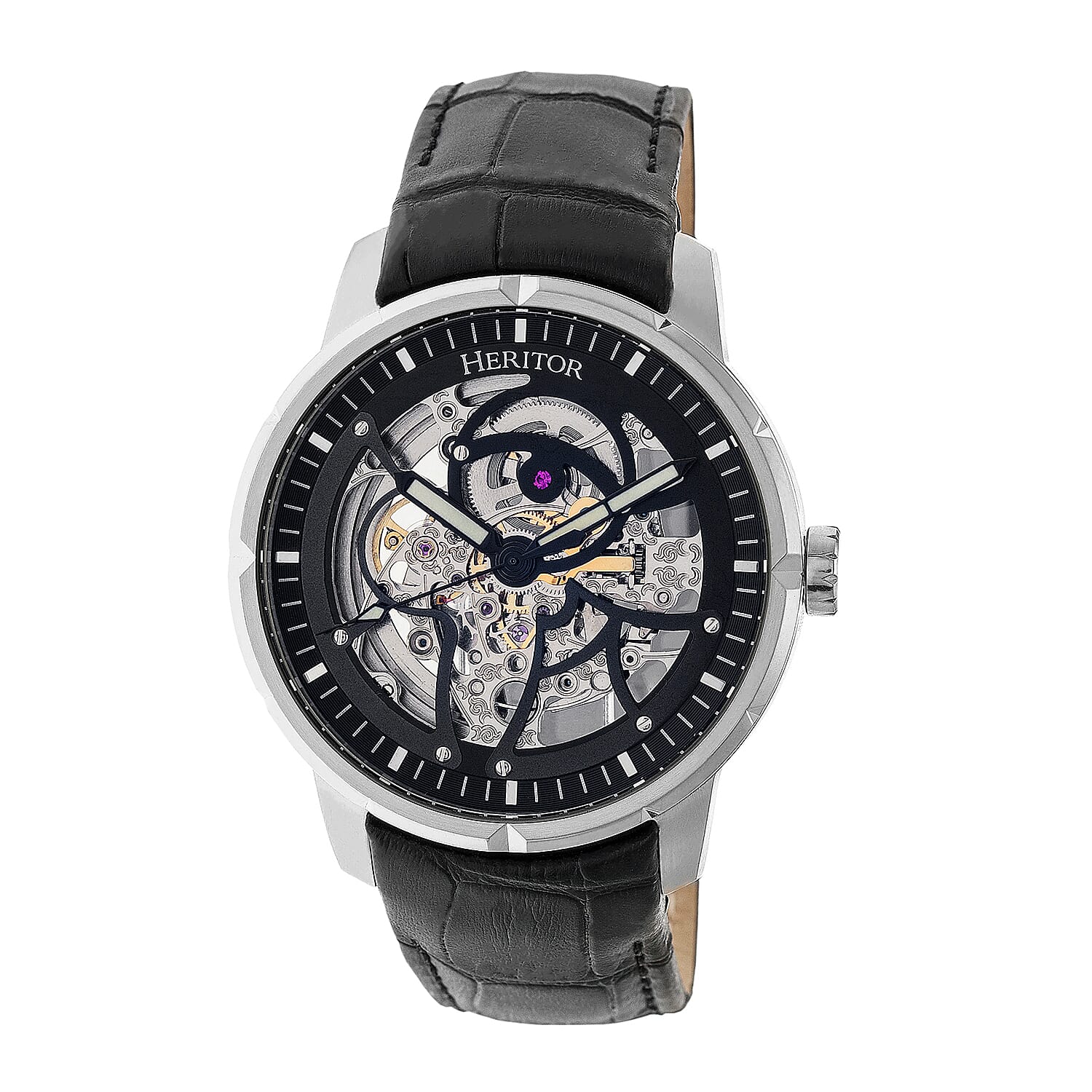 HERITOR Automatic Ryder Sapphire-Coated Mineral Crystal  Semi-Skeleton Dial Silver Bezel 5 ATM Water Resistance with Black Genuine Leather Crocodile-Embossed Strap