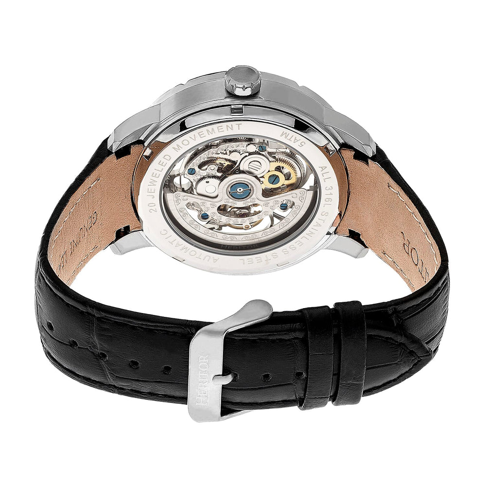 HERITOR Automatic Ryder Sapphire-Coated Mineral Crystal  Semi-Skeleton Dial Silver Bezel 5 ATM Water Resistance with Black Genuine Leather Crocodile-Embossed Strap