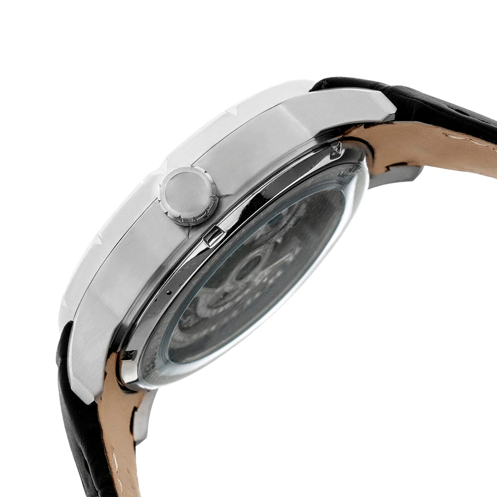 HERITOR Automatic Ryder Sapphire-Coated Mineral Crystal  Semi-Skeleton Dial Silver Bezel 5 ATM Water Resistance with Black Genuine Leather Crocodile-Embossed Strap