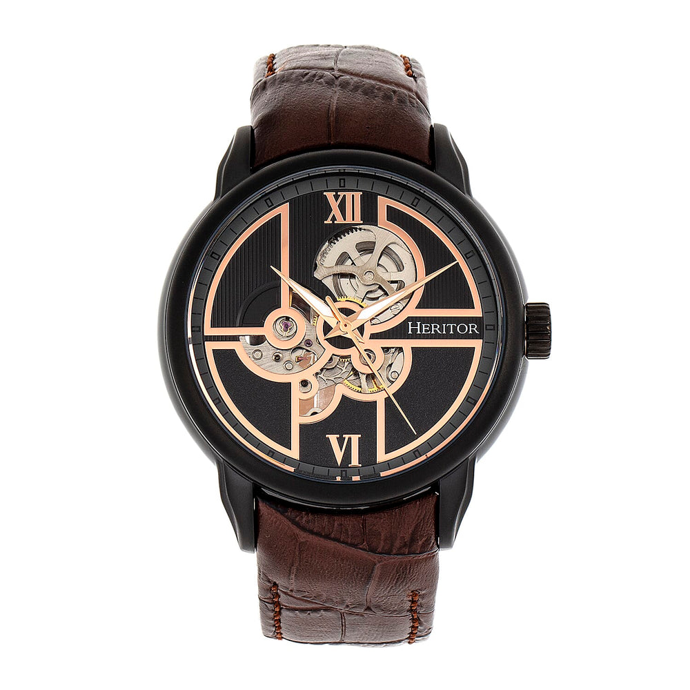 HERITOR Automatic Sanford Sapphire-Coated Mineral Crystal Semi-Skeleton Dial Black Bezel 5 ATM Water Resistance with Brown Genuine Leather Crocodile-Embossed Strap