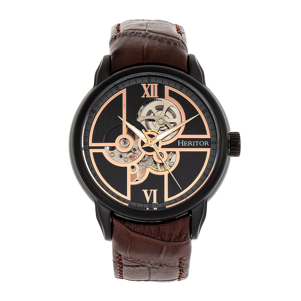 HERITOR Automatic Sanford Sapphire-Coated Mineral Crystal Semi-Skeleton Dial Black Bezel 5 ATM Water Resistance with Brown Genuine Leather Crocodile-Embossed Strap