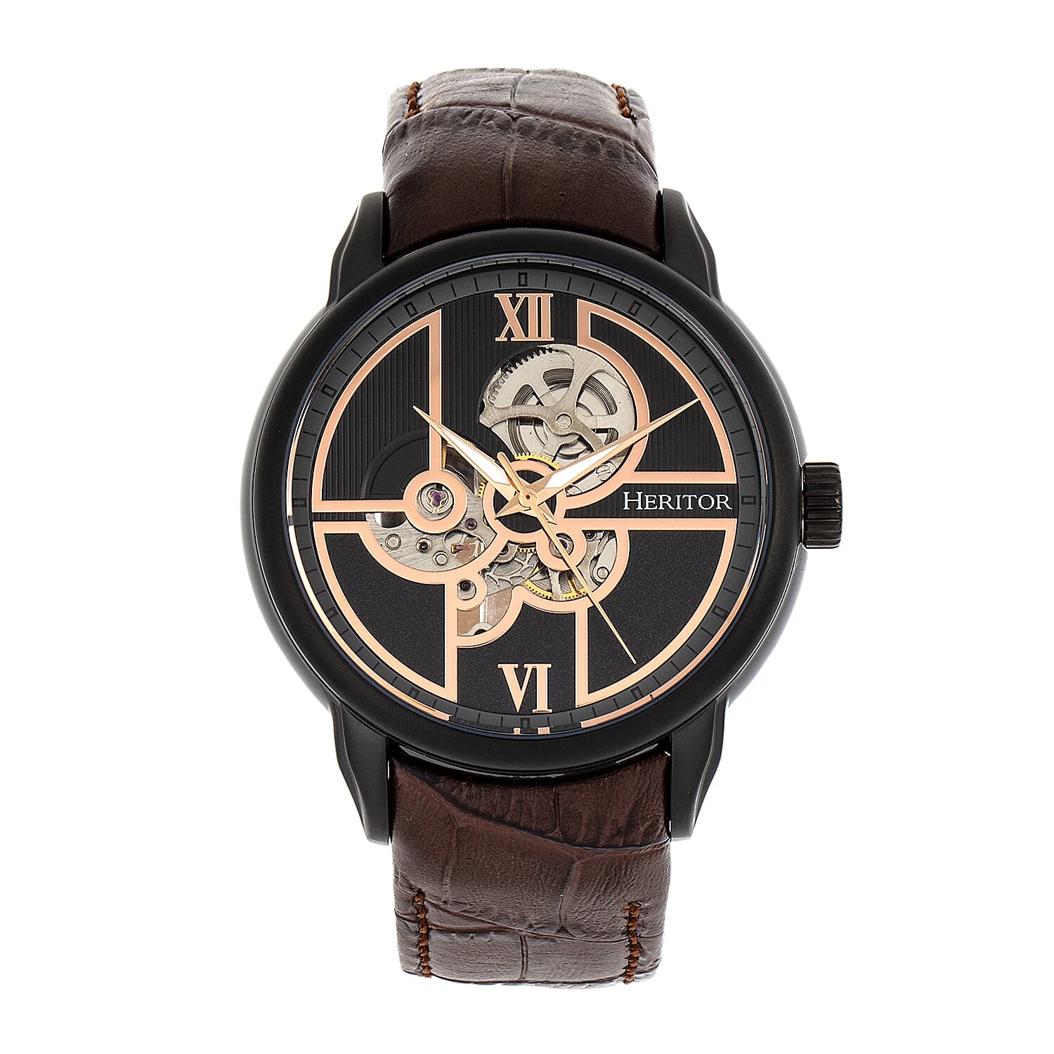 HERITOR Automatic Sanford Sapphire-Coated Mineral Crystal Semi-Skeleton Dial Black Bezel 5 ATM Water Resistance with Brown Genuine Leather Crocodile-Embossed Strap