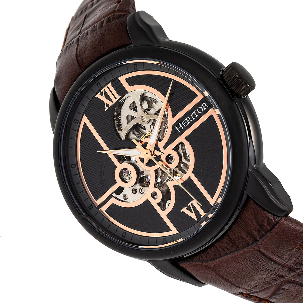 HERITOR Automatic Sanford Sapphire-Coated Mineral Crystal Semi-Skeleton Dial Black Bezel 5 ATM Water Resistance with Brown Genuine Leather Crocodile-Embossed Strap
