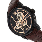 HERITOR Automatic Sanford Sapphire-Coated Mineral Crystal Semi-Skeleton Dial Black Bezel 5 ATM Water Resistance with Brown Genuine Leather Crocodile-Embossed Strap