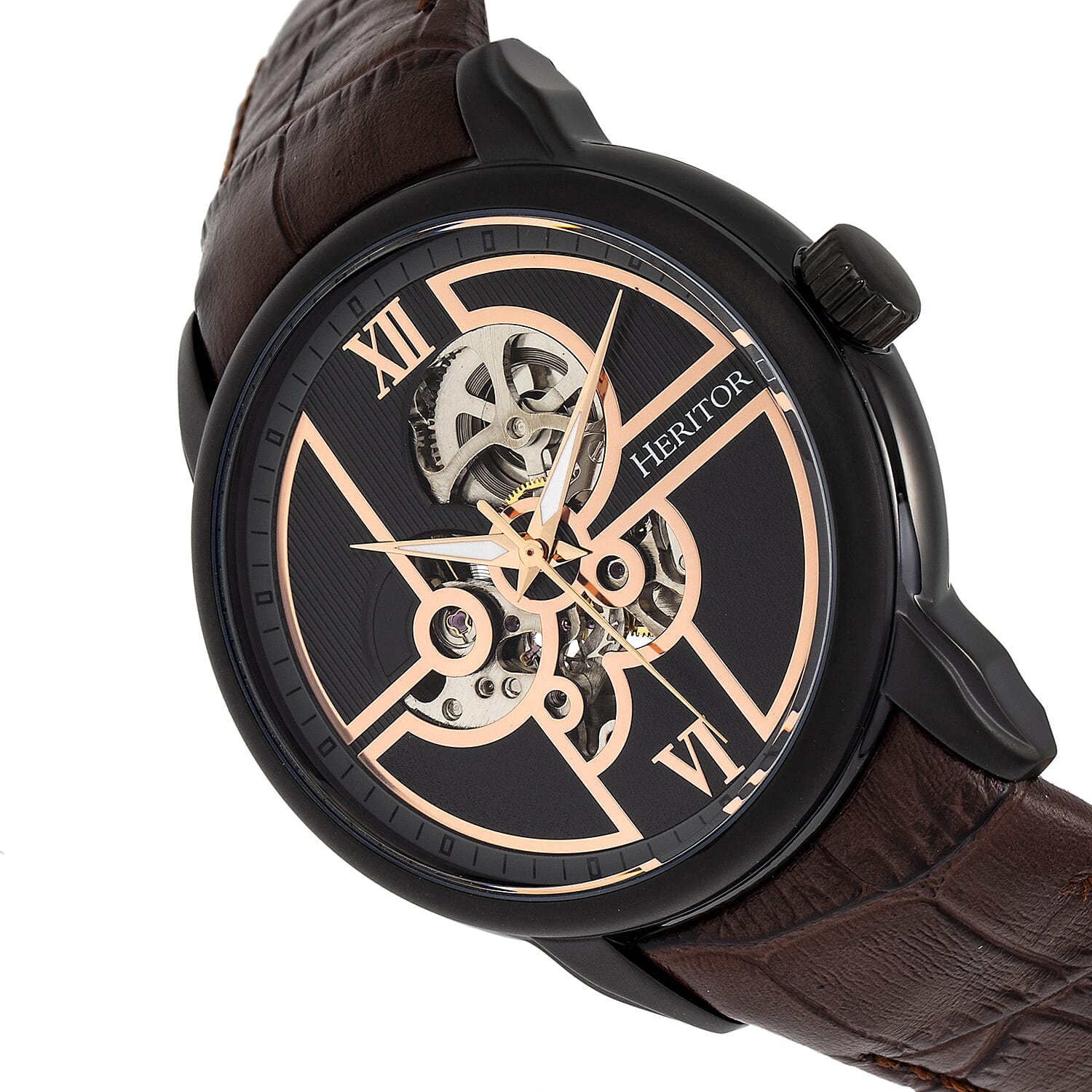 HERITOR Automatic Sanford Sapphire-Coated Mineral Crystal Semi-Skeleton Dial Black Bezel 5 ATM Water Resistance with Brown Genuine Leather Crocodile-Embossed Strap