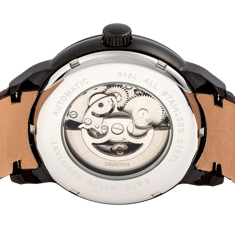 HERITOR Automatic Sanford Sapphire-Coated Mineral Crystal Semi-Skeleton Dial Black Bezel 5 ATM Water Resistance with Brown Genuine Leather Crocodile-Embossed Strap