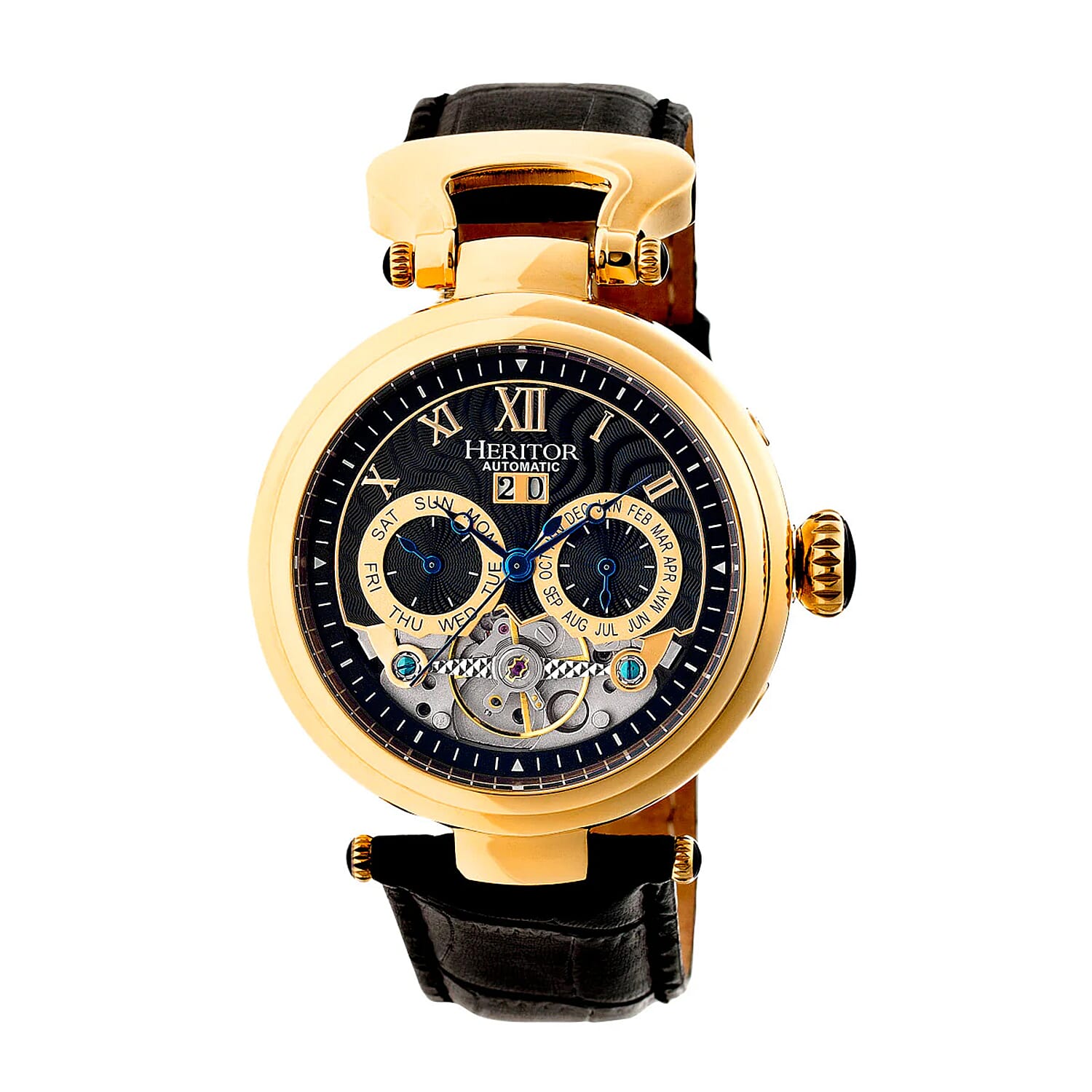HERITOR Ganzi Automatic Movt. 5ATM Water Resistance Gold Dial Mens Watch with Black Leather Strap