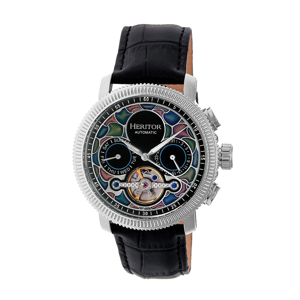 HERITOR Luciano Automatic Movt. 20ATM Water Resistant Black Dial Mens Watch with Silver Colour Stainless Steel Strap and Silver-Tone Case
