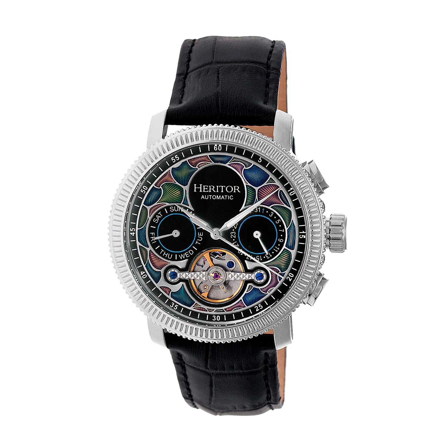 HERITOR Luciano Automatic Movt. 20ATM Water Resistant Black Dial Mens Watch with Silver Colour Stainless Steel Strap and Silver-Tone Case