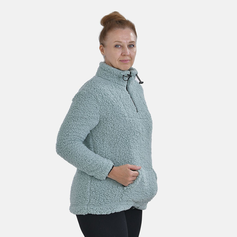 Half Zip Sherpa Sweatshirt With Handy Kangaroo Pocket (Size S) - Blue