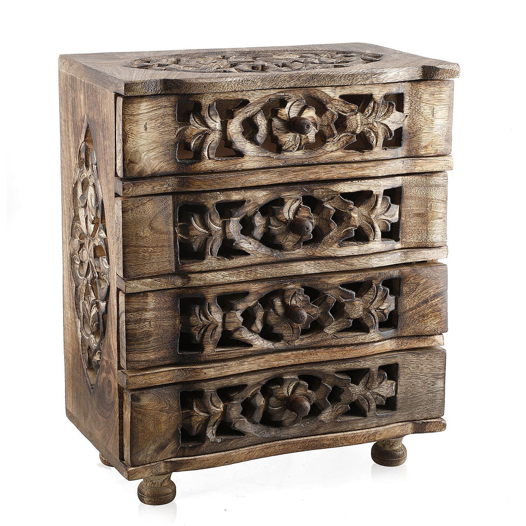 Hand Carved Mango Wood 4 Drawer Chest (Size 22x12x27 cm)
