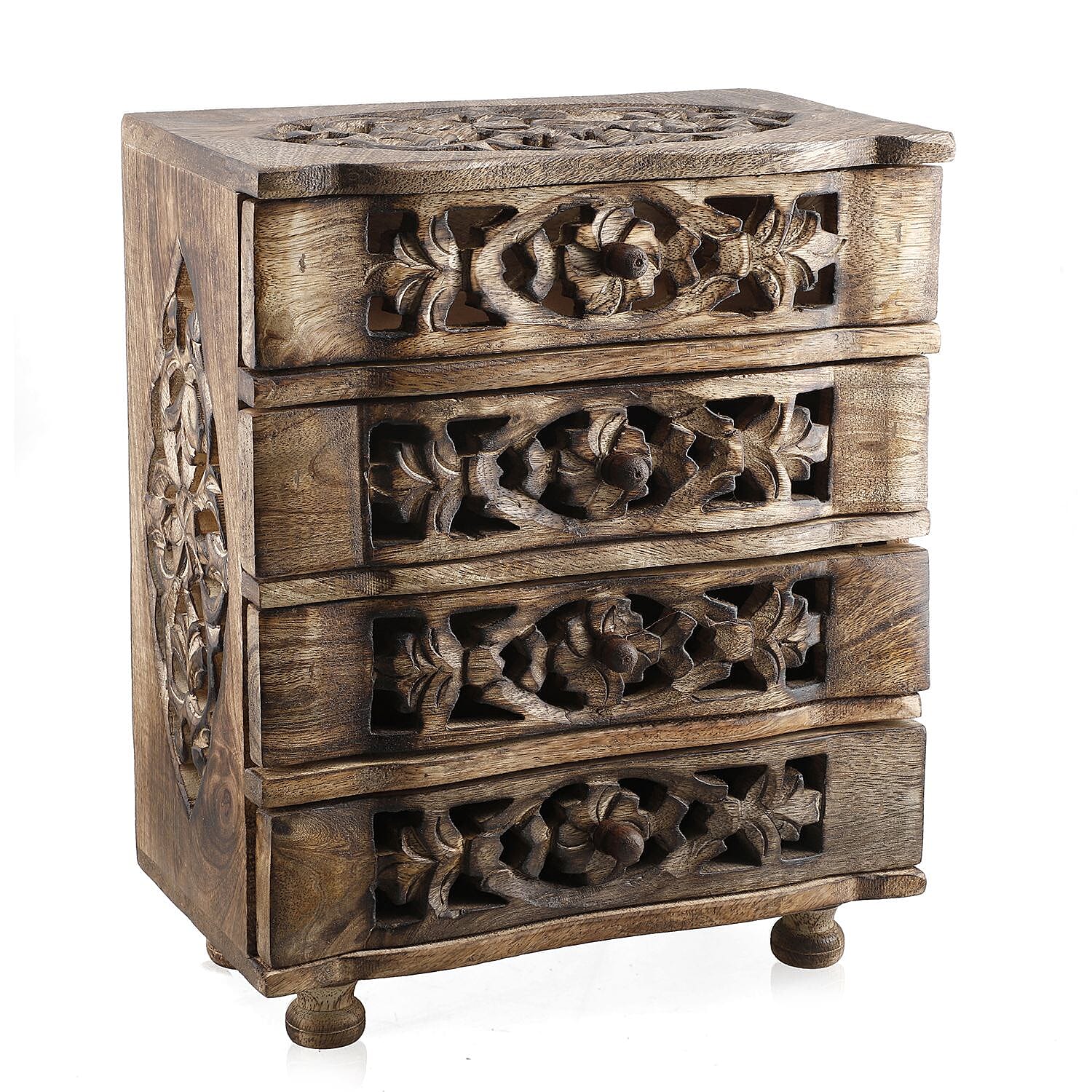 Hand Carved Mango Wood 4 Drawer Chest (Size 22x12x27 cm)