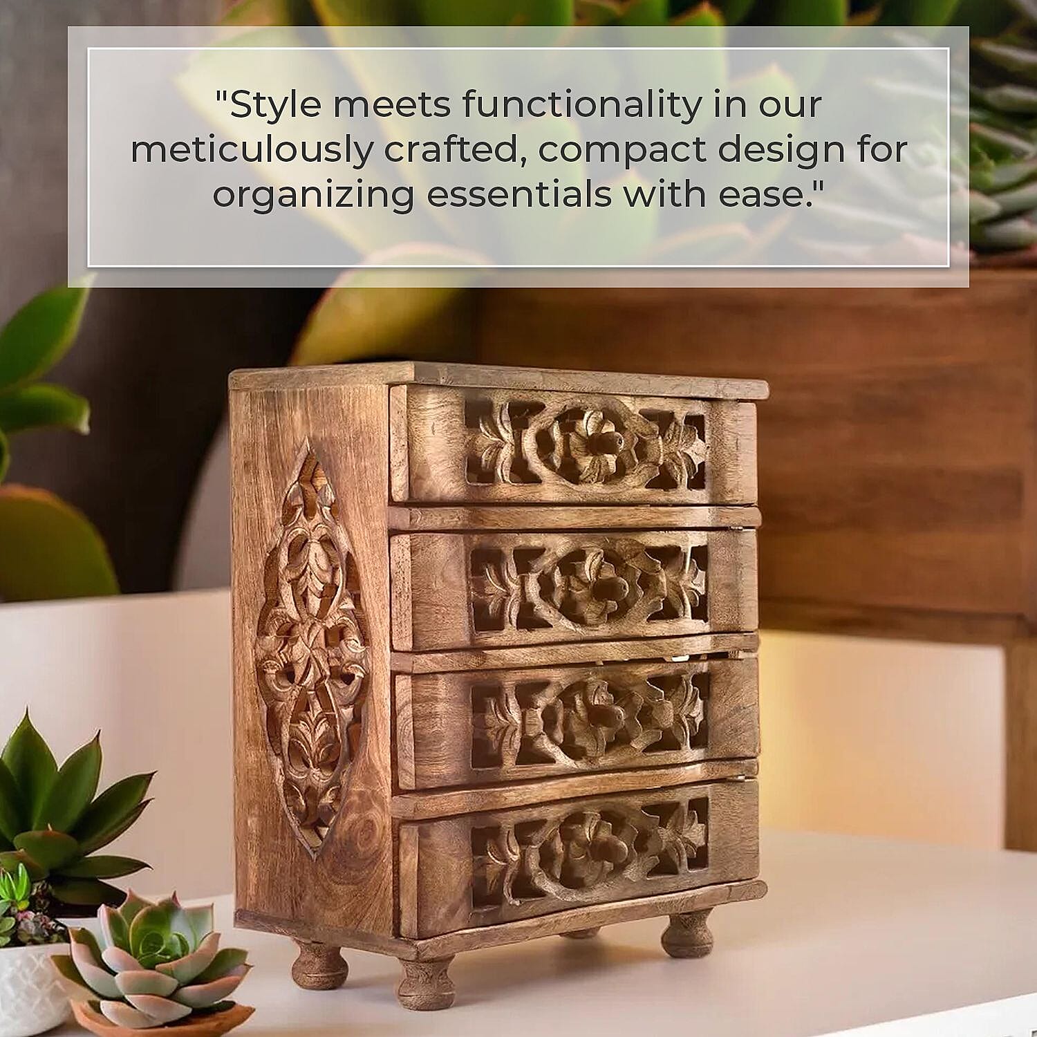 Hand Carved Mango Wood 4 Drawer Chest (Size 22x12x27 cm)