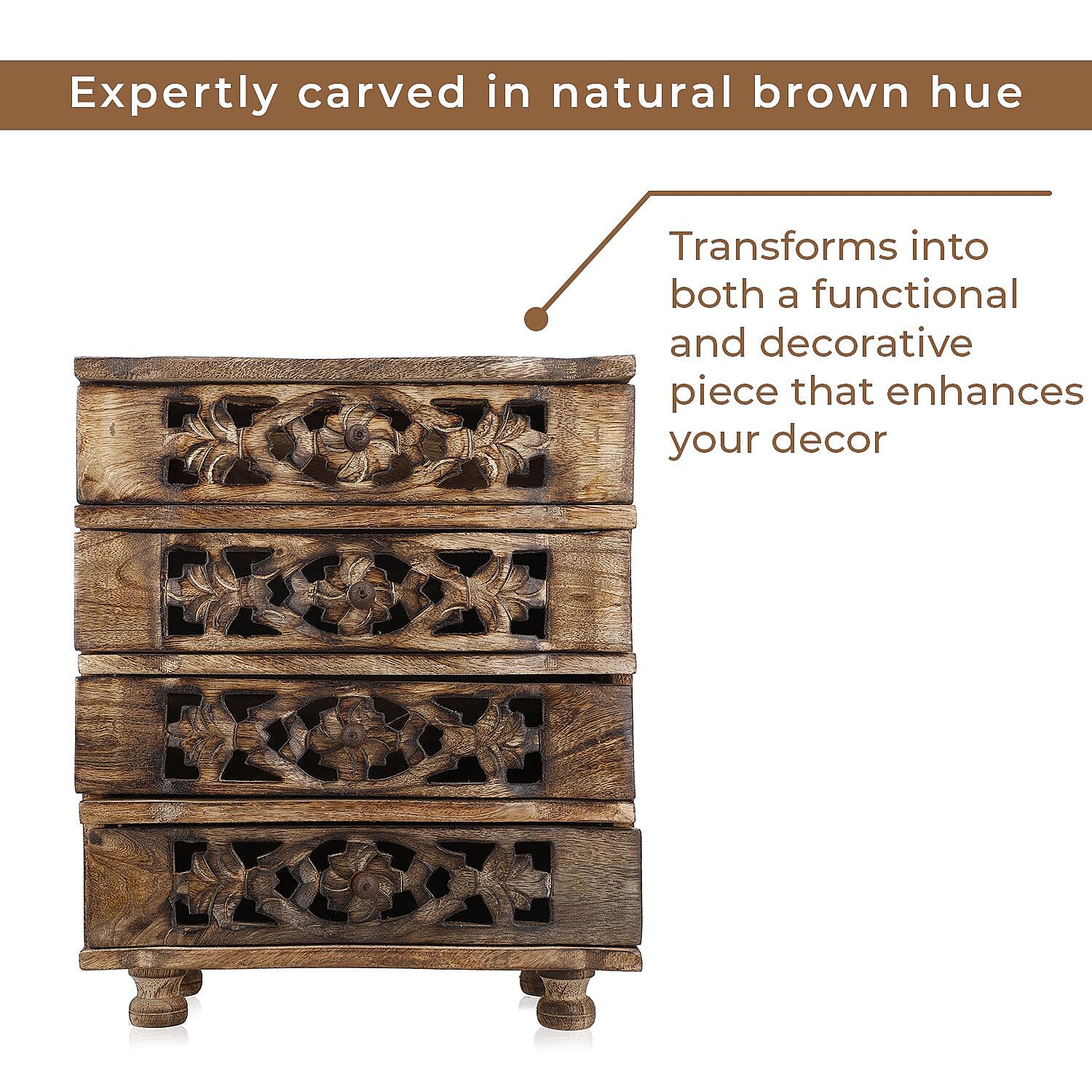 Hand Carved Mango Wood 4 Drawer Chest (Size 22x12x27 cm)