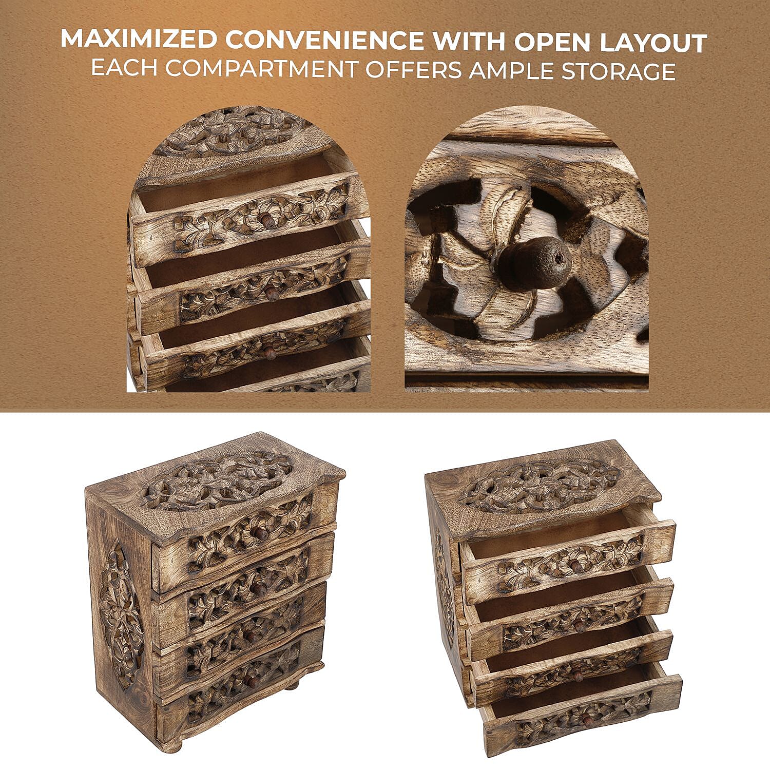 Hand Carved Mango Wood 4 Drawer Chest (Size 22x12x27 cm)