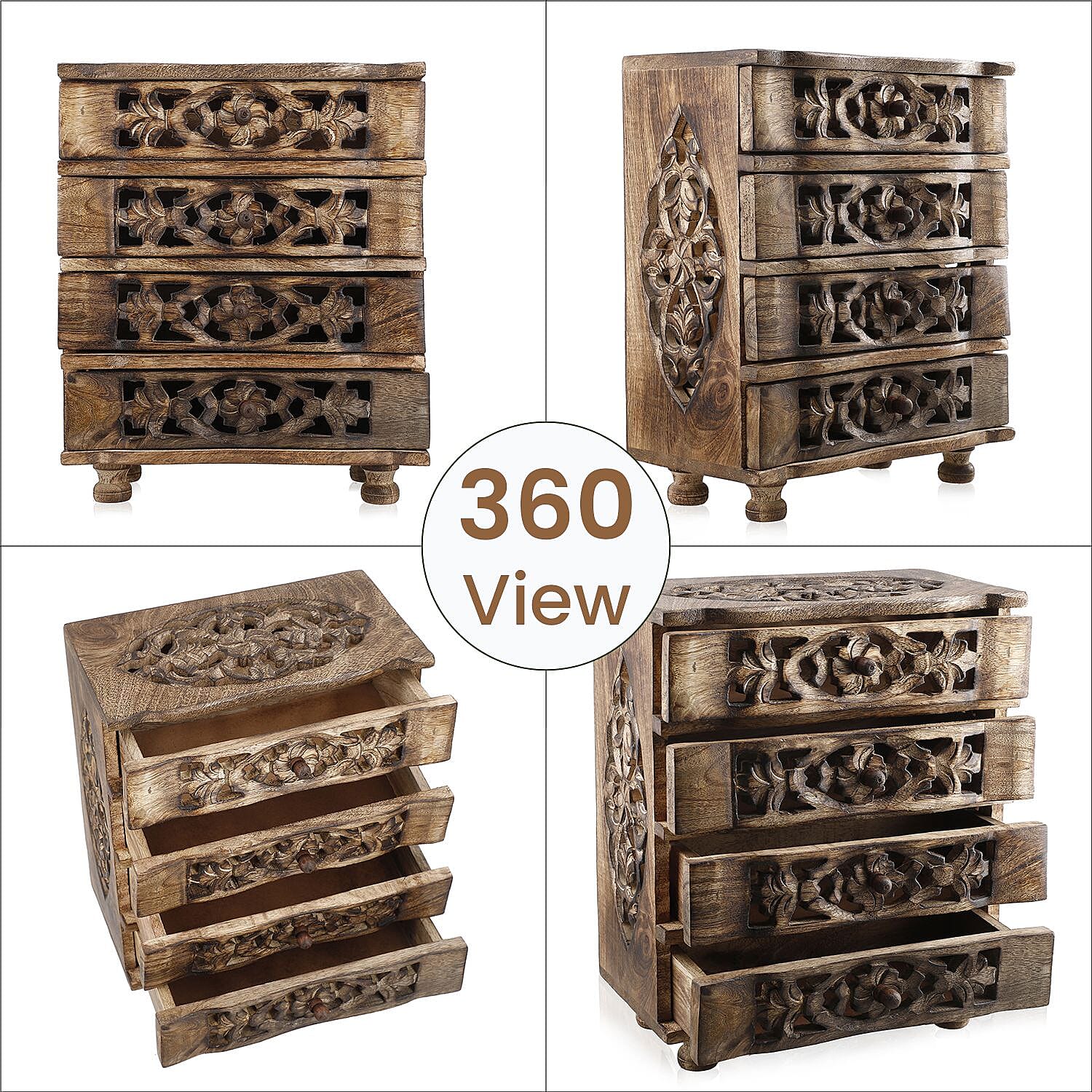 Hand Carved Mango Wood 4 Drawer Chest (Size 22x12x27 cm)