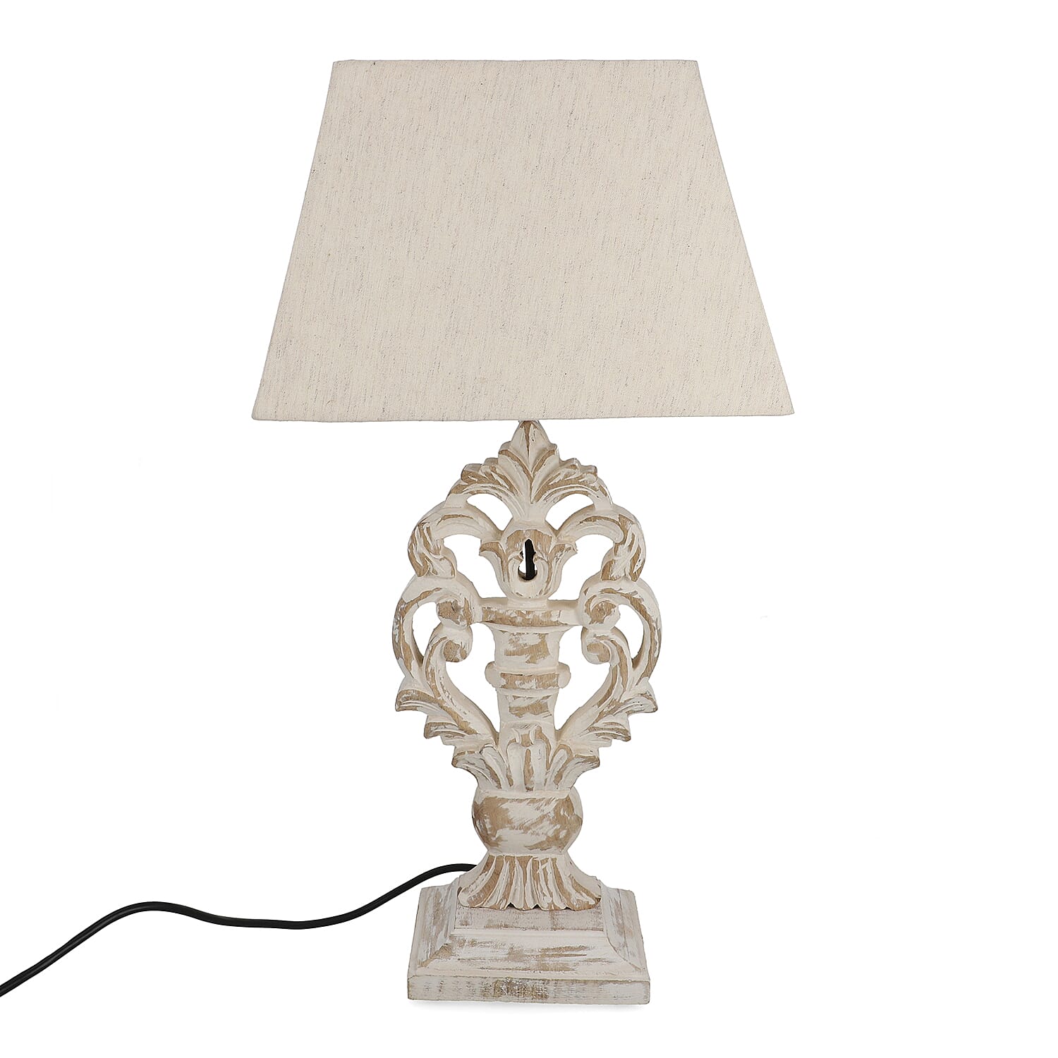 Hand Carved Vintage White Mango Wood Lamp with Linen Lamp Shade (Size 30x20x55 cm)