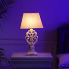 Hand Carved Vintage White Mango Wood Lamp with Linen Lamp Shade (Size 30x20x55 cm)