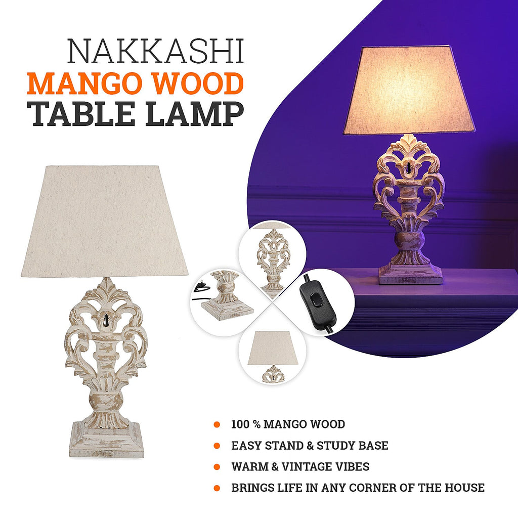 Hand Carved Vintage White Mango Wood Lamp with Linen Lamp Shade (Size 30x20x55 cm)