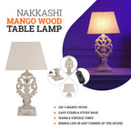 Hand Carved Vintage White Mango Wood Lamp with Linen Lamp Shade (Size 30x20x55 cm)