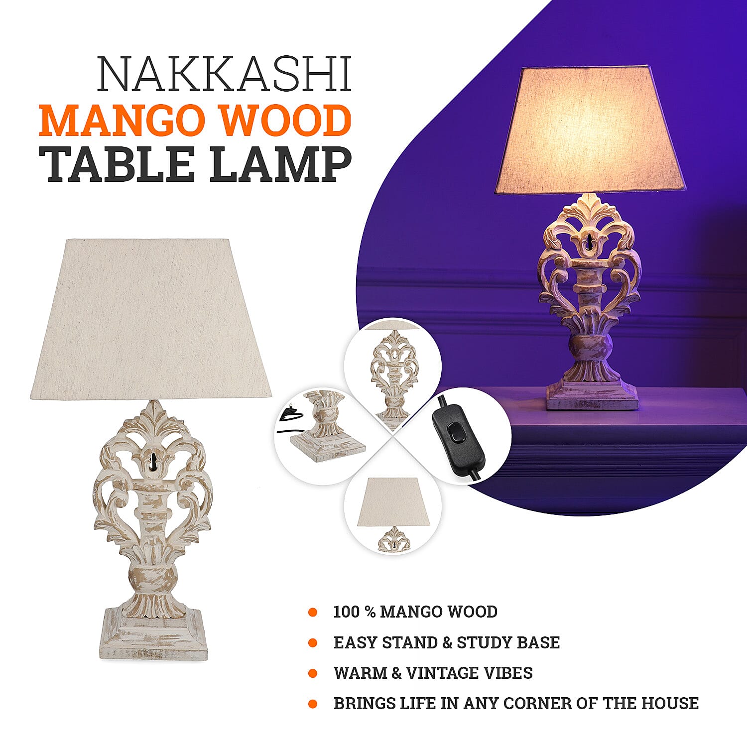 Hand Carved Vintage White Mango Wood Lamp with Linen Lamp Shade (Size 30x20x55 cm)