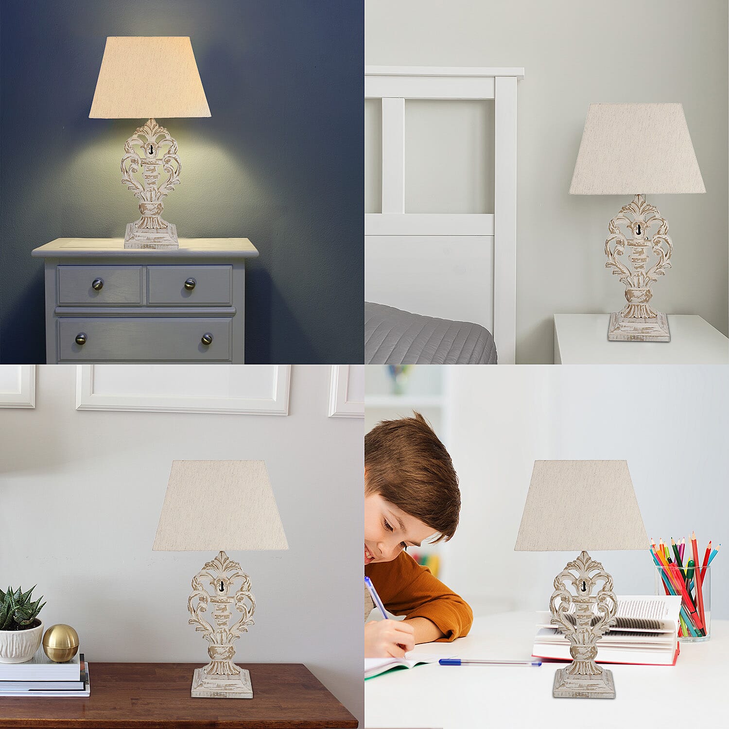 Hand Carved Vintage White Mango Wood Lamp with Linen Lamp Shade (Size 30x20x55 cm)